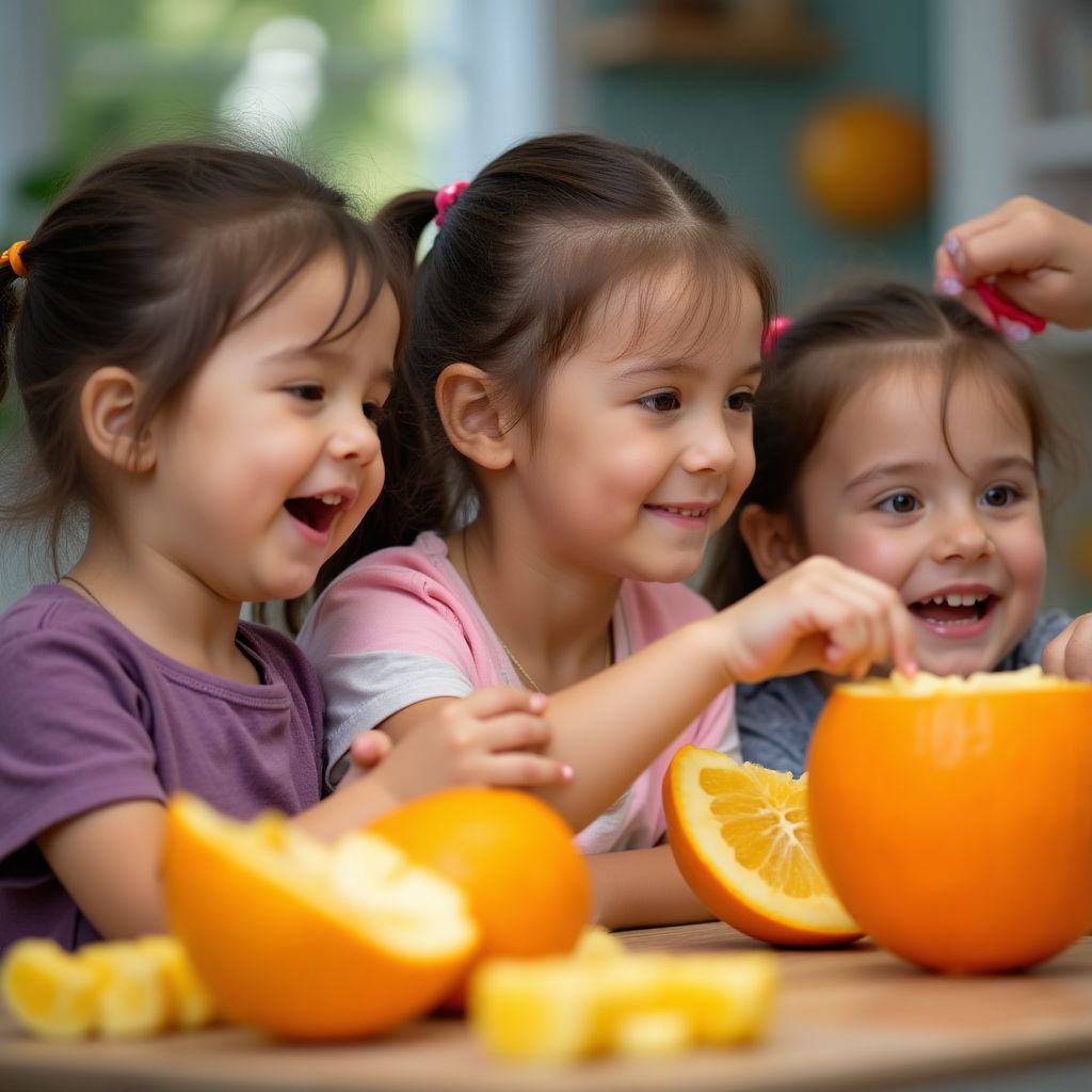 Children enjoying fruit carving demonstration