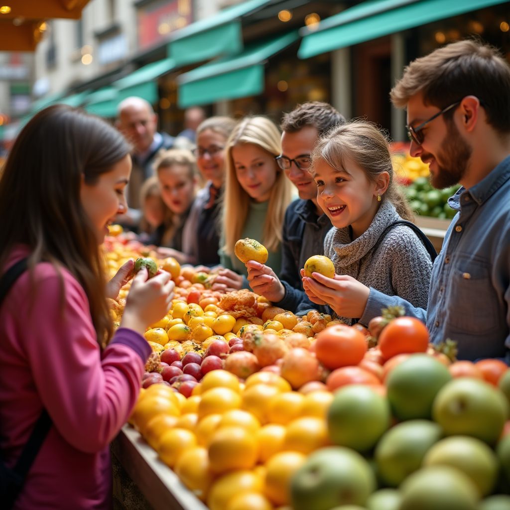 Tour group sampling exotic fruits